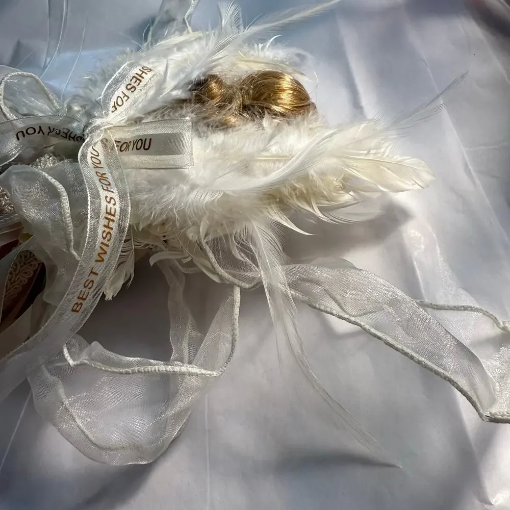 VTG Porcelain Angel Christmas Ornament Cream Pink Pearl Lace Feathers Ribbon 12”